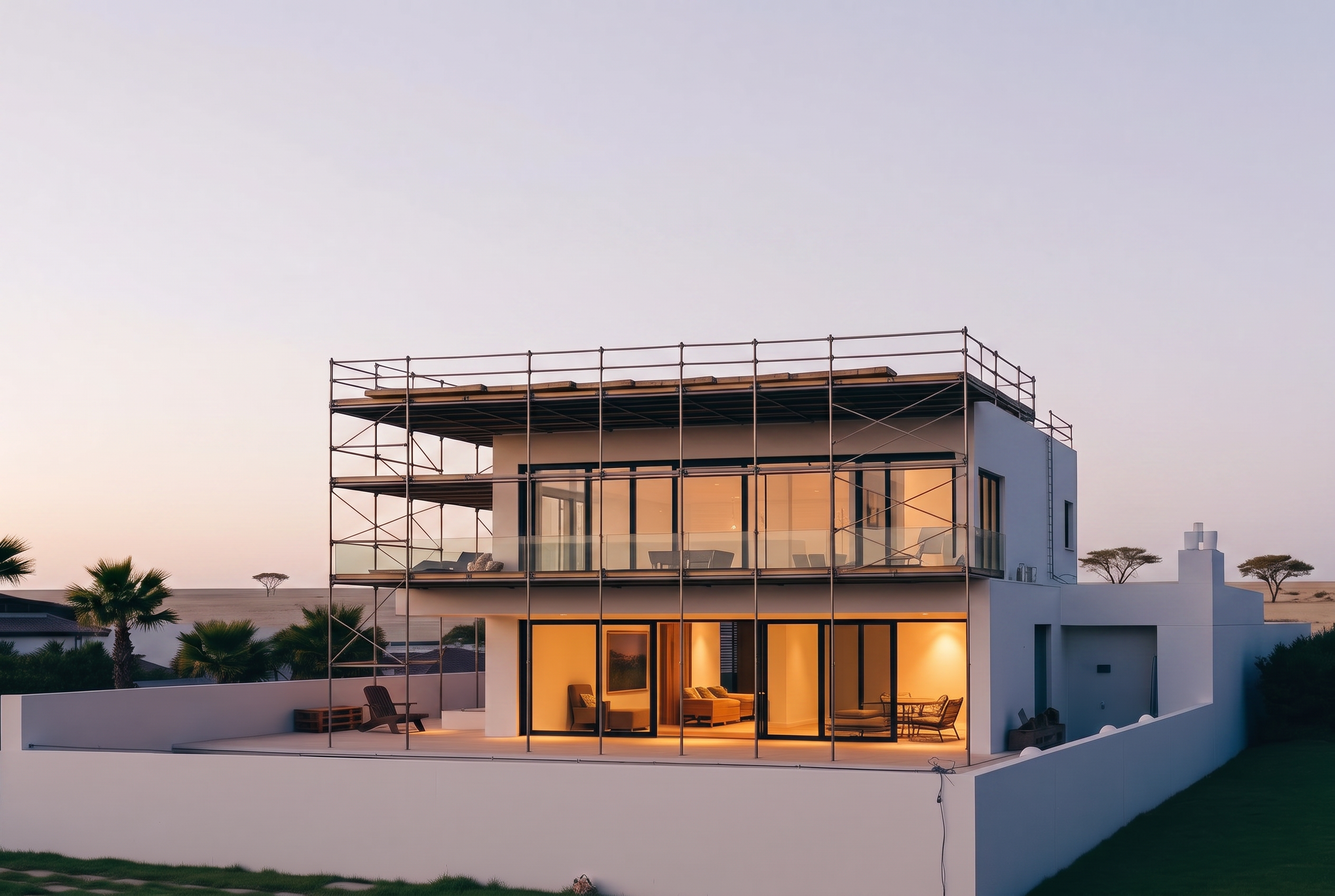 Cape Crest Construction — modern home under construction at golden hour